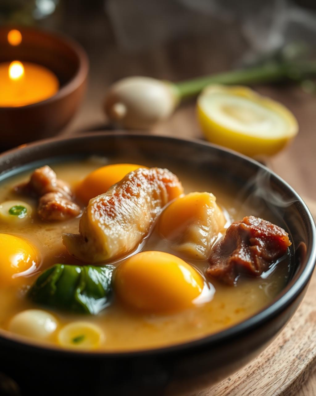 Caldo cremoso pronto para servir