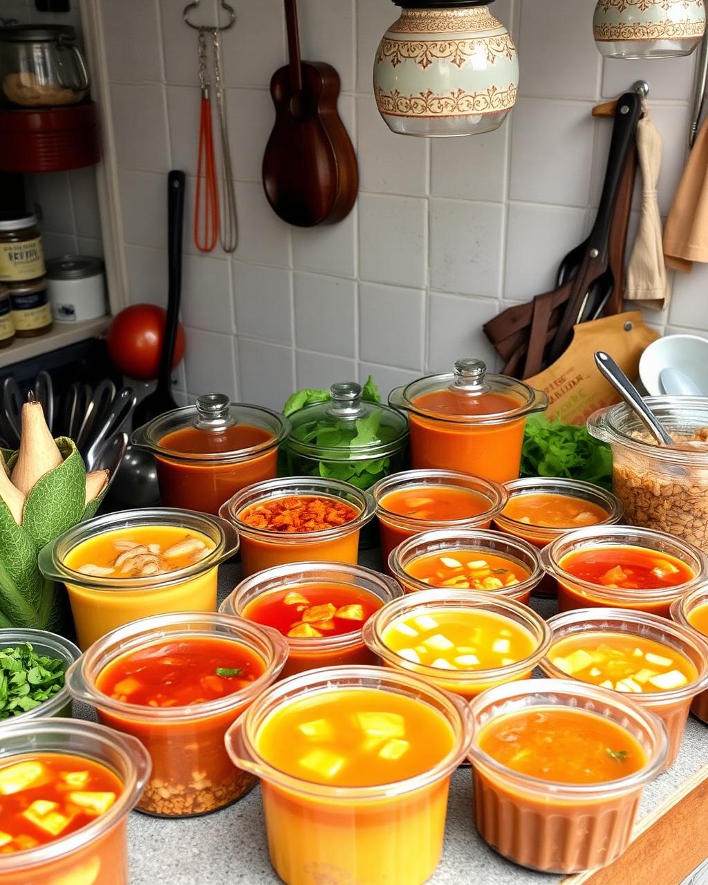 Potes de caldos organizados em uma bancada para venda caseira