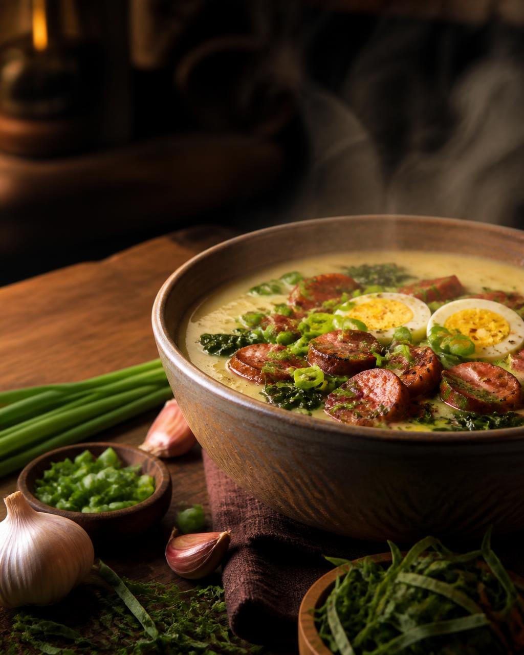 Caldo brasileiro cremoso com calabresa, couve e ovos servido em tigela rústica