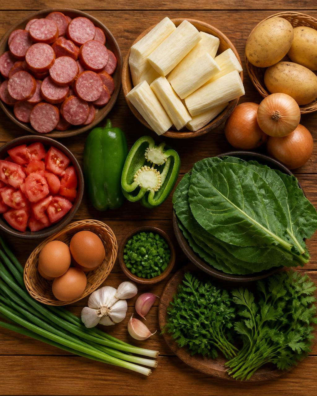 Ingredientes simples para caldo: calabresa, mandioca, cebola, tomate, pimentão, couve e ovos