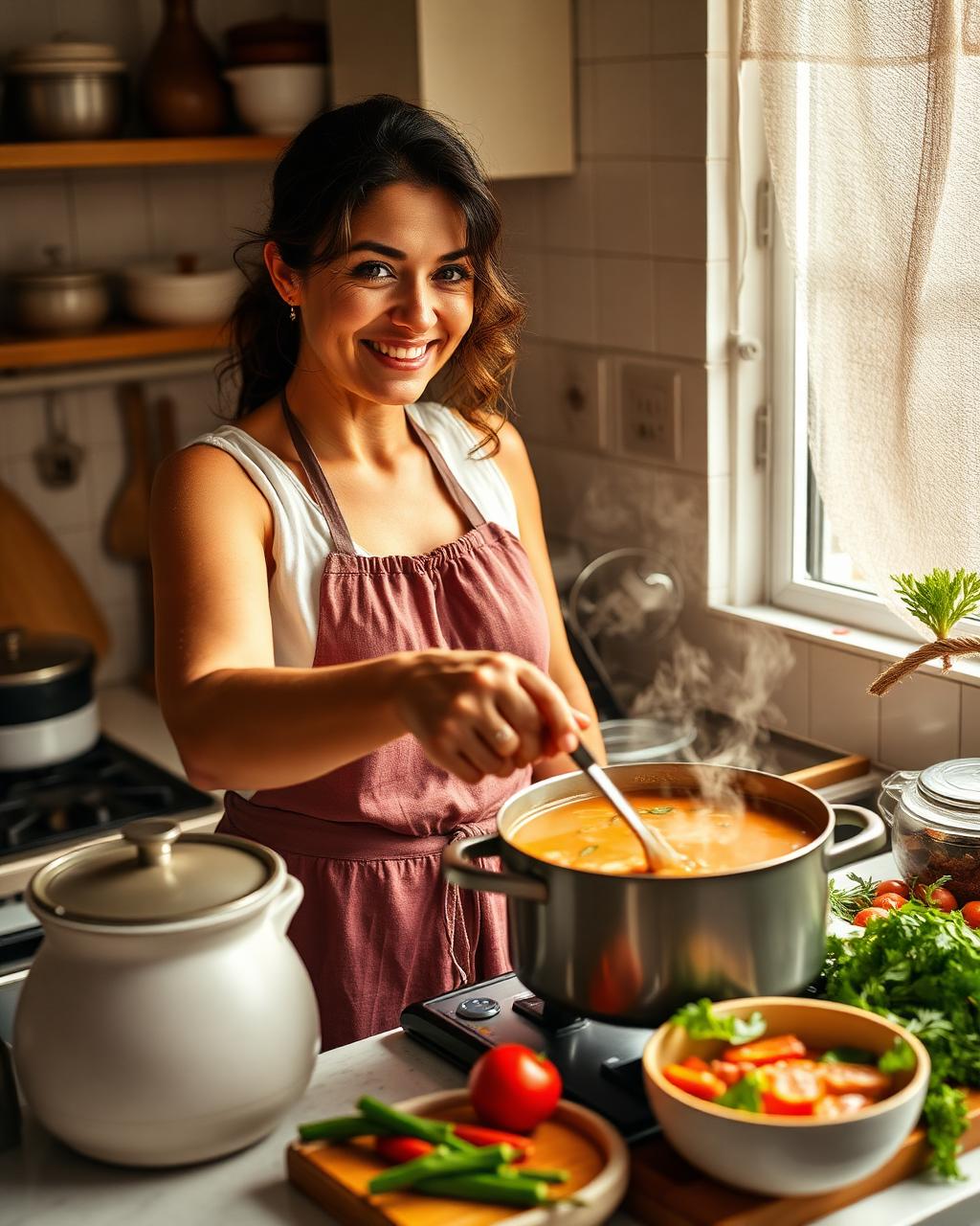 Mulher preparando um caldo quente em uma cozinha aconchegante